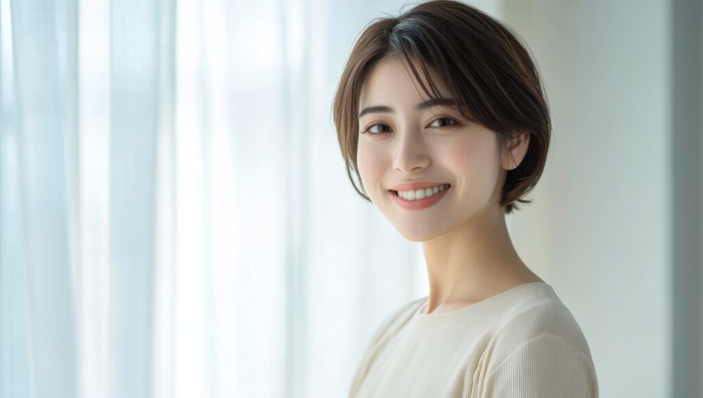 セラミックの歯を見せて笑う女性