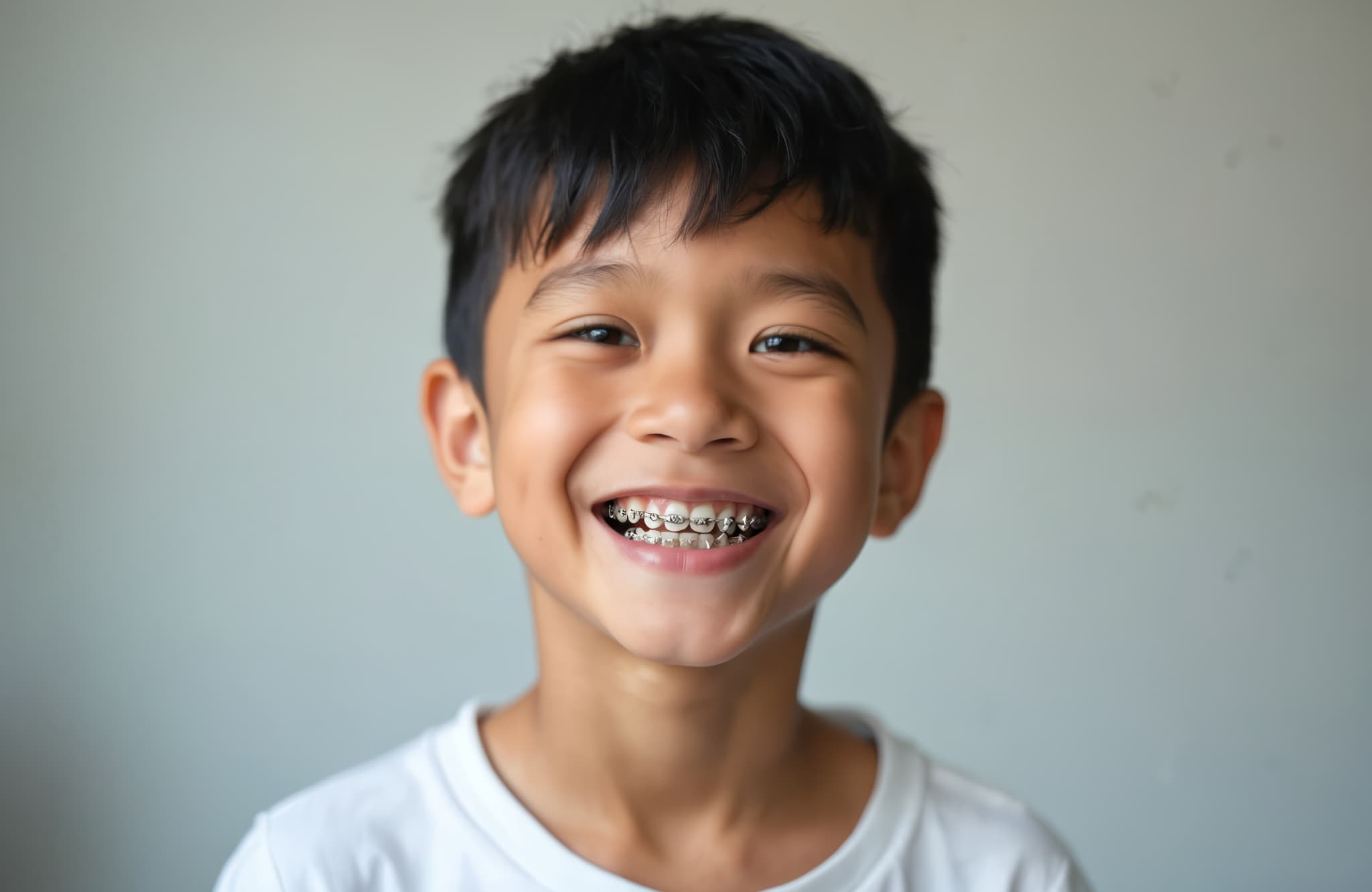 ワイヤー矯正をしている笑顔の男の子